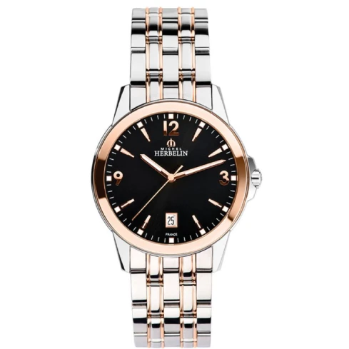 Мъжки ръчен часовник с кварцов механизъм - корпус от Стомана - Стоманена верижка - цвят Черен Розово Злато