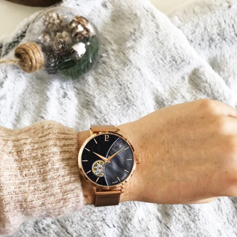 Мъжки ръчен часовник с автоматичен механизъм - корпус от Стомана - Меш - цвят Седеф Розово Злато