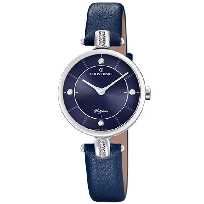 Дамски ръчен часовник с кварцов механизъм - корпус от Стомана - Естествена кожа - цвят Син Син