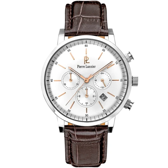 Мъжки ръчен часовник с кварцов механизъм - корпус от Стомана - Естествена кожа - цвят Бял Кафяв
