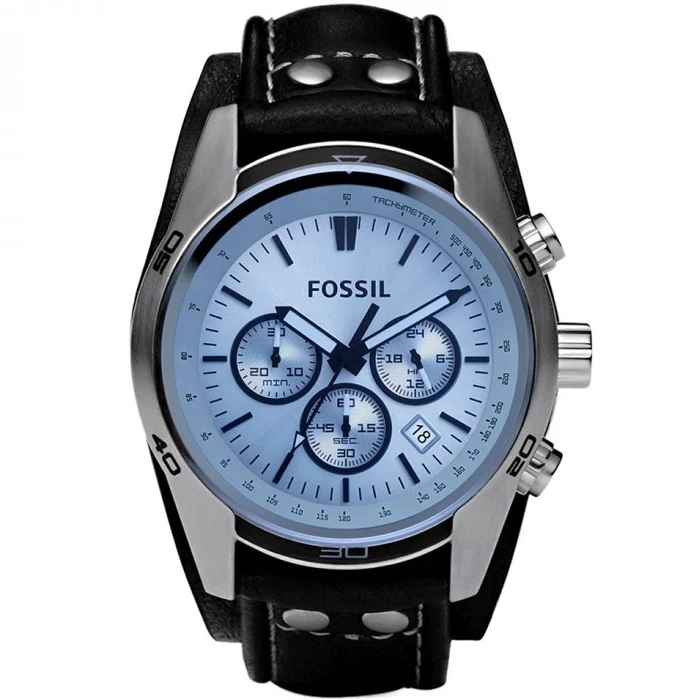 Мъжки ръчен часовник с кварцов механизъм - корпус от Стомана - Естествена кожа - цвят Син Черен