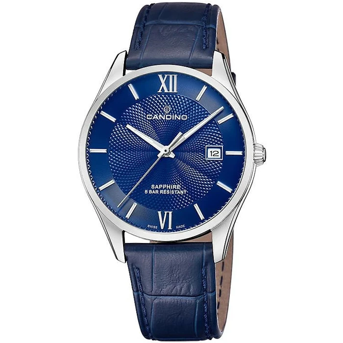 Мъжки ръчен часовник с кварцов механизъм - корпус от Стомана - Естествена кожа - цвят Син Син