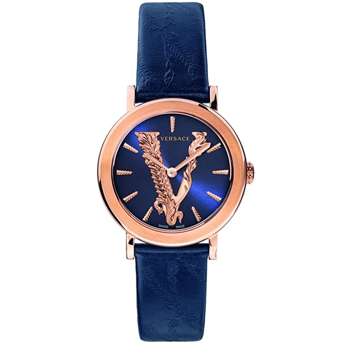 Дамски ръчен часовник с кварцов механизъм - корпус от Стомана - Естествена кожа - цвят Син Син