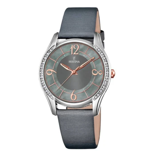 Дамски ръчен часовник с кварцов механизъм - корпус от Стомана - Естествена кожа - цвят Седеф Черен