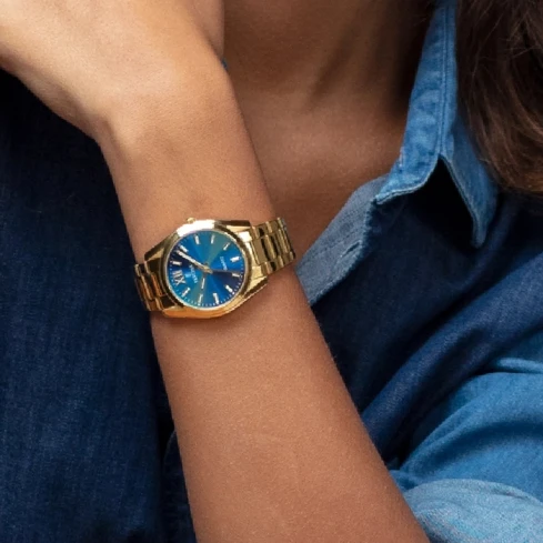 Дамски ръчен часовник с кварцов механизъм - корпус от Стомана - Стоманена верижка - цвят Син