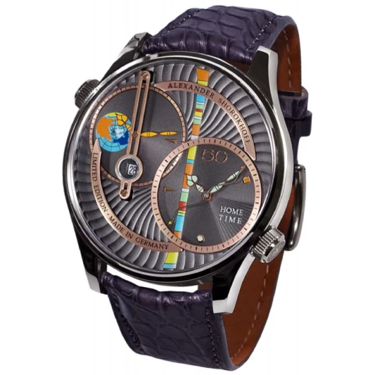 Мъжки ръчен часовник с механичен механизъм - корпус от Стомана - Естествена кожа - цвят Сив Лилав