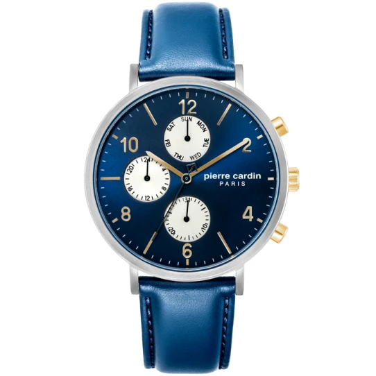 Мъжки ръчен часовник с кварцов механизъм - корпус от Стомана - Естествена кожа - цвят Син Син