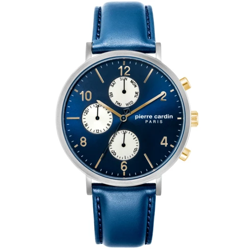 Мъжки ръчен часовник с кварцов механизъм - корпус от Стомана - Естествена кожа - цвят Син Син