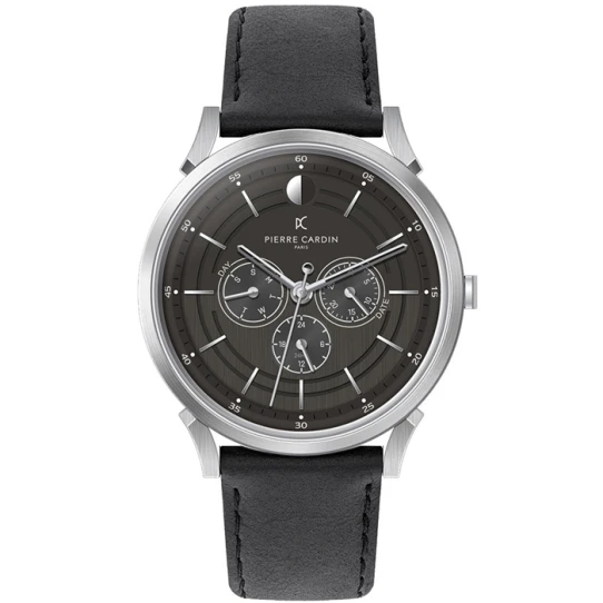 Мъжки ръчен часовник с кварцов механизъм - корпус от Стомана - Естествена кожа - цвят Черен Черен