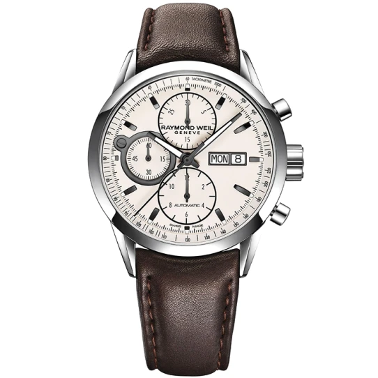 Мъжки ръчен часовник с автоматичен механизъм - корпус от Стомана - Естествена кожа - цвят Бял Кафяв