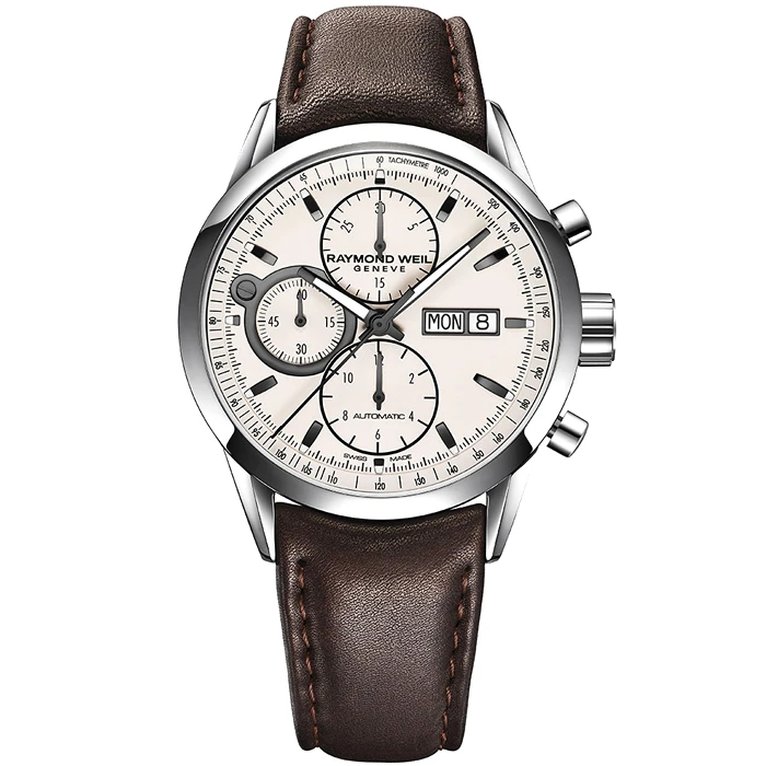 Мъжки ръчен часовник с автоматичен механизъм - корпус от Стомана - Естествена кожа - цвят Бял Кафяв