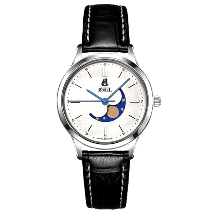 Дамски ръчен часовник с кварцов механизъм - корпус от Стомана - Естествена кожа - цвят Бял Черен