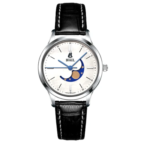 Дамски ръчен часовник с кварцов механизъм - корпус от Стомана - Естествена кожа - цвят Бял Черен