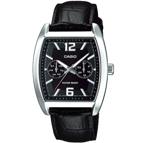 Мъжки ръчен часовник с кварцов механизъм - корпус от Стомана - Естествена кожа - цвят Черен Черен