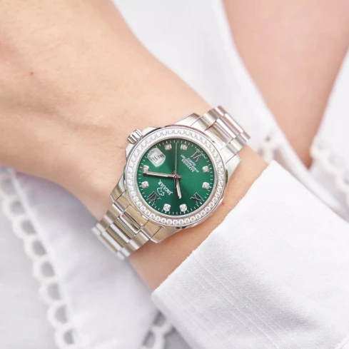 Дамски ръчен часовник с кварцов механизъм - корпус от Стомана - Стоманена верижка - цвят Зелен Сив