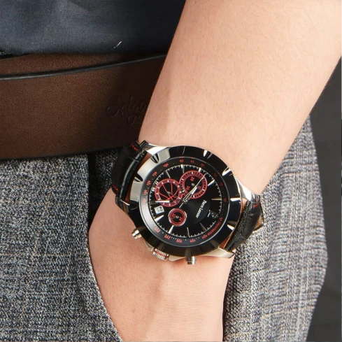 Мъжки ръчен часовник с кварцов механизъм - корпус от Стомана - Естествена кожа - цвят Черен Червен