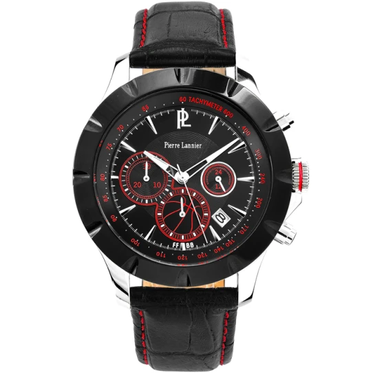 Мъжки ръчен часовник с кварцов механизъм - корпус от Стомана - Естествена кожа - цвят Черен Червен