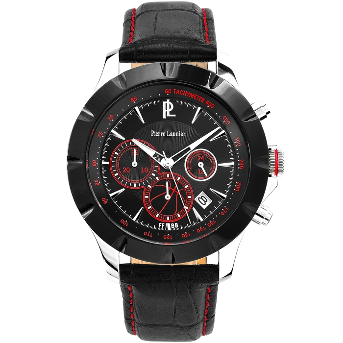 Мъжки ръчен часовник с кварцов механизъм - корпус от Стомана - Естествена кожа - цвят Черен Червен