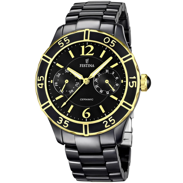 Дамски ръчен часовник с кварцов механизъм - корпус от Стомана и керамика - Стоманена верижка - цвят Черен Черен