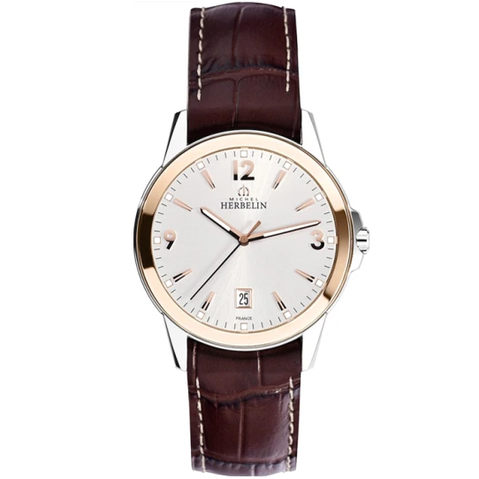 Мъжки ръчен часовник с кварцов механизъм - корпус от Стомана - Естествена кожа - цвят Бял Кафяв