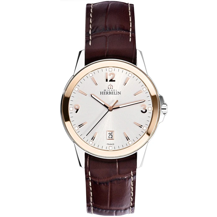 Мъжки ръчен часовник с кварцов механизъм - корпус от Стомана - Естествена кожа - цвят Бял Кафяв