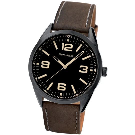 Мъжки ръчен часовник с кварцов механизъм - корпус от Стомана - Естествена кожа - цвят Черен Кафяв