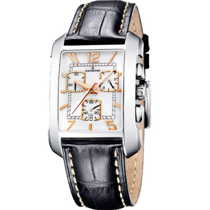 Мъжки ръчен часовник с кварцов механизъм - корпус от Стомана - Естествена кожа - цвят Бял