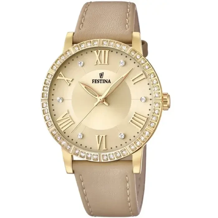 Дамски ръчен часовник с кварцов механизъм - корпус от Стомана - Естествена кожа - цвят Злато Бежов