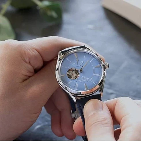 Дамски ръчен часовник с автоматичен механизъм - корпус от Стомана - Естествена кожа - цвят Син