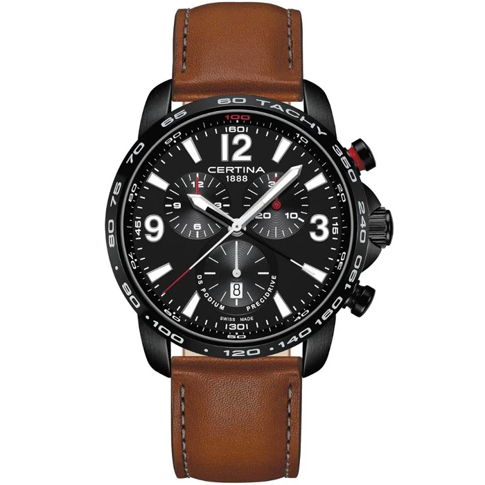 Мъжки ръчен часовник с кварцов механизъм - корпус от Стомана - Естествена кожа - цвят Черен Кафяв