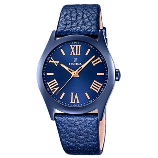 Дамски ръчен часовник с кварцов механизъм - корпус от Стомана - Естествена кожа - цвят Син Син