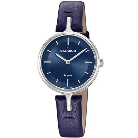 Дамски ръчен часовник с кварцов механизъм - корпус от Стомана - Естествена кожа - цвят Син Син