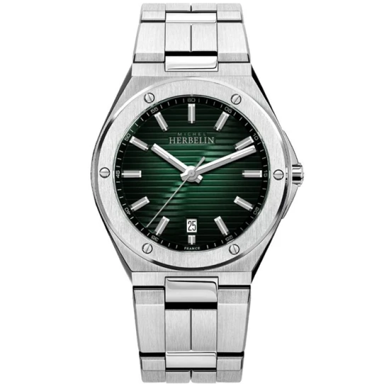 Мъжки ръчен часовник с кварцов механизъм - корпус от Стомана - Стоманена верижка - цвят Зелен Сив