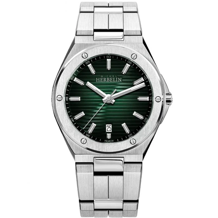Мъжки ръчен часовник с кварцов механизъм - корпус от Стомана - Стоманена верижка - цвят Зелен Сив