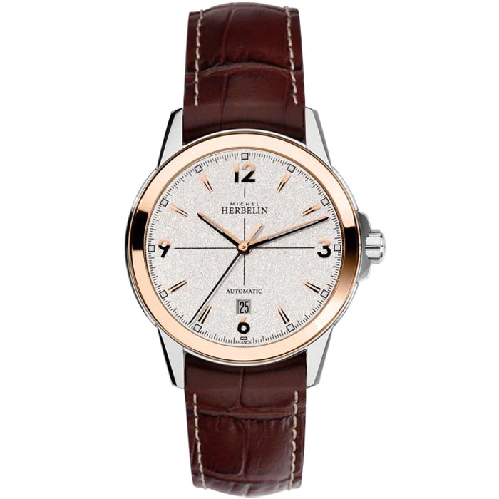 Мъжки ръчен часовник с автоматичен механизъм - корпус от Стомана - Естествена кожа - цвят Бежов Кафяв