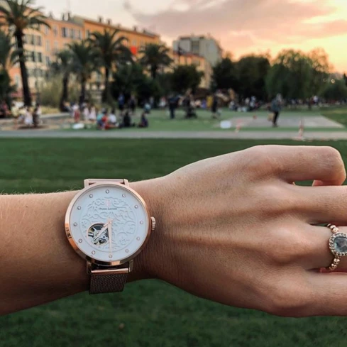 Дамски ръчен часовник с автоматичен механизъм - корпус от Стомана - Меш - цвят Бял Розово Злато