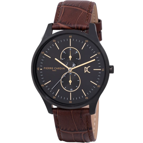 Мъжки ръчен часовник с кварцов механизъм - корпус от Стомана - Естествена кожа - цвят Черен Кафяв