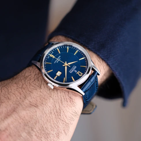 Мъжки ръчен часовник с кварцов механизъм - корпус от Стомана - Естествена кожа - цвят Син Розово Злато