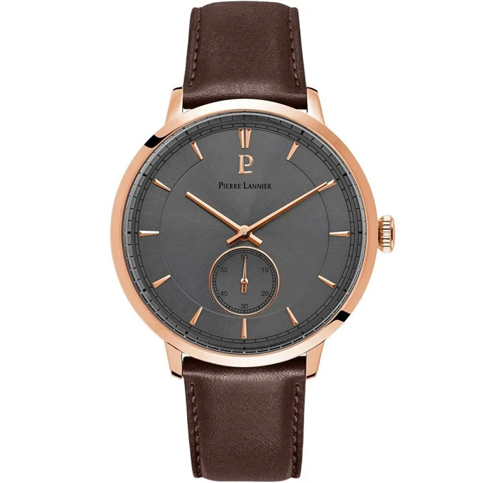 Мъжки ръчен часовник с кварцов механизъм - корпус от Стомана - Естествена кожа - цвят Сив Кафяв