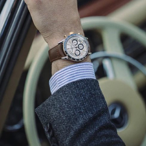 Мъжки ръчен часовник с автоматичен механизъм - корпус от Стомана и керамика - Естествена кожа - цвят Сребрист Кафяв