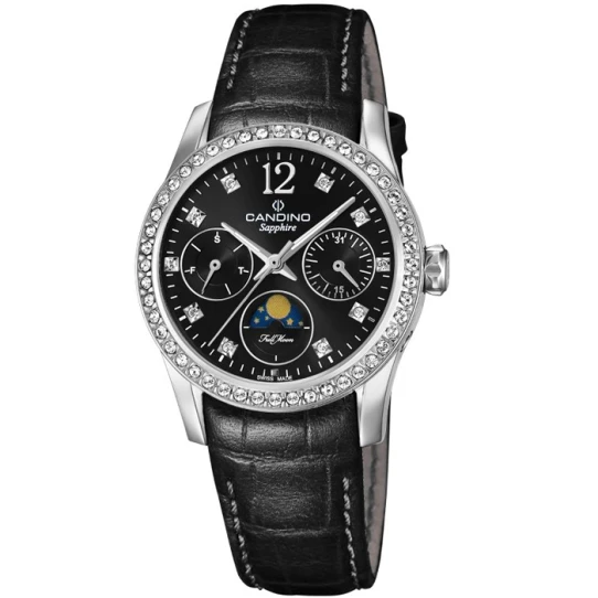 Дамски ръчен часовник с кварцов механизъм - корпус от Стомана - Естествена кожа - цвят Черен Черен