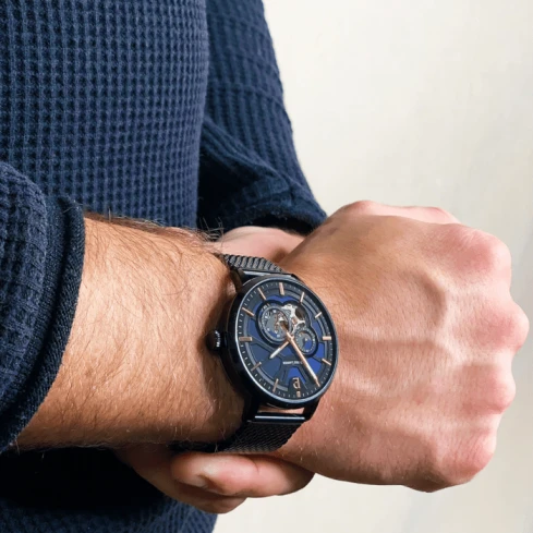 Мъжки ръчен часовник с автоматичен механизъм - корпус от Стомана - Меш - цвят Син Черен