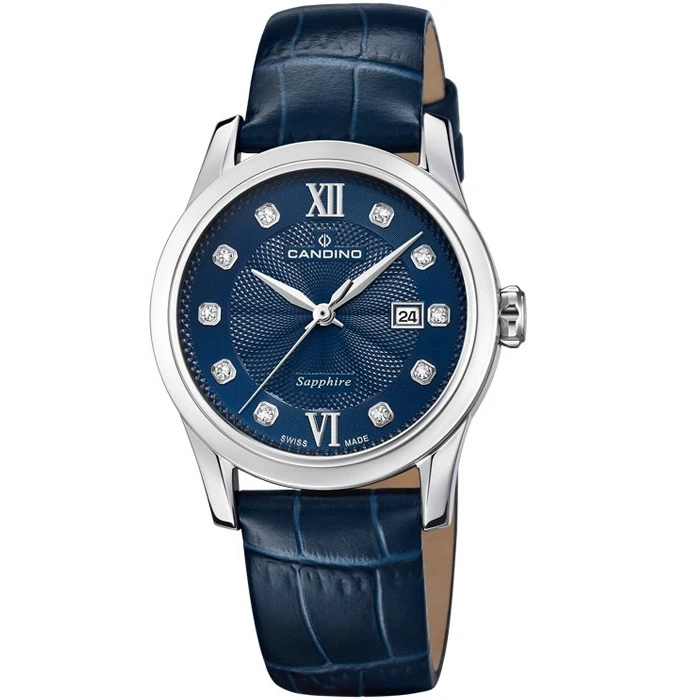 Дамски ръчен часовник с кварцов механизъм - корпус от Стомана - Естествена кожа - цвят Син Син