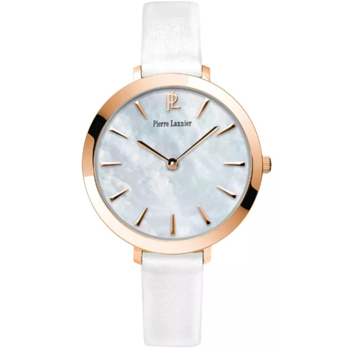 Дамски ръчен часовник с кварцов механизъм - корпус от Стомана - Естествена кожа - цвят Седеф Бял