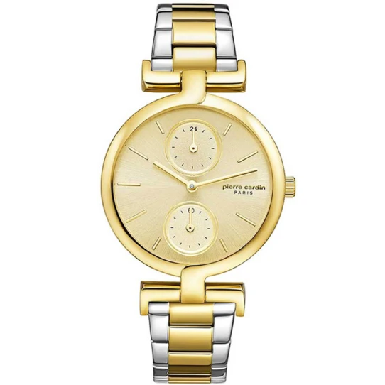 Дамски ръчен часовник с кварцов механизъм - корпус от Стомана - Стоманена верижка - цвят Жълт Сив