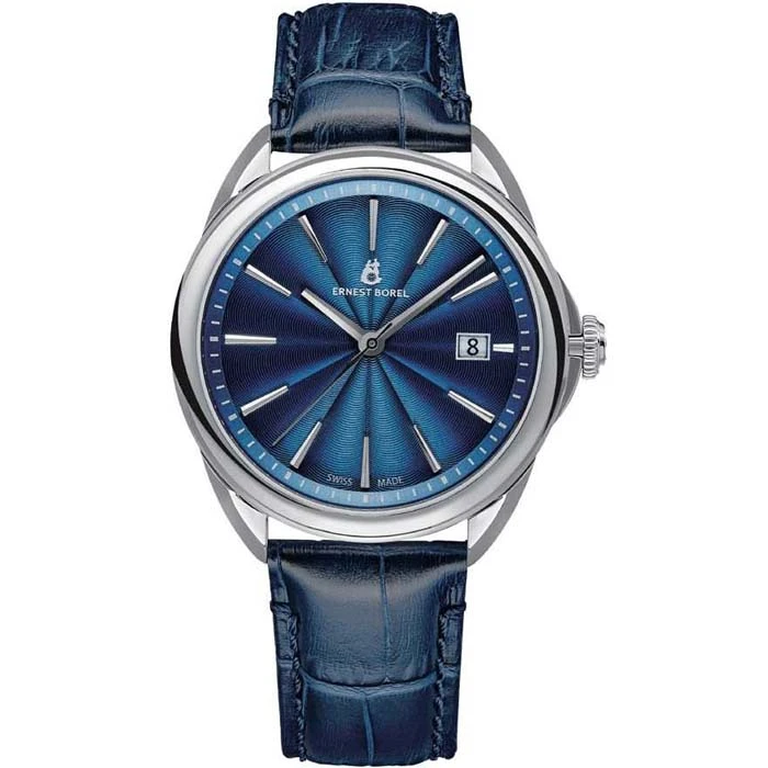 Мъжки ръчен часовник с автоматичен механизъм - корпус от Стомана - Естествена кожа - цвят Син Син