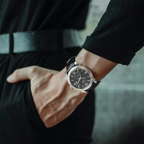 Мъжки ръчен часовник с кварцов механизъм - корпус от Стомана - Естествена кожа - цвят Черен Черен