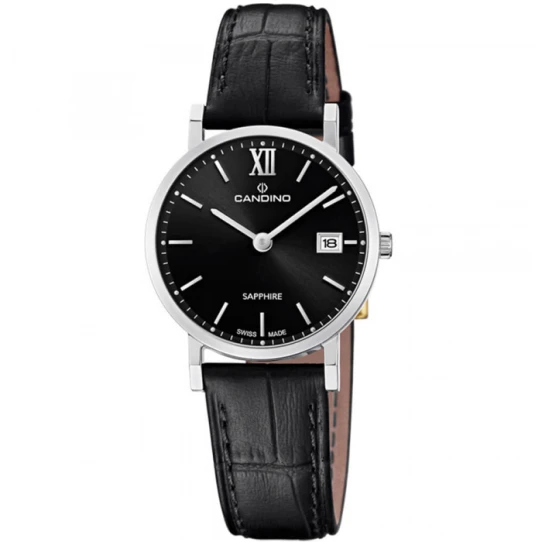 Дамски ръчен часовник с кварцов механизъм - корпус от Стомана - Естествена кожа - цвят Черен Черен