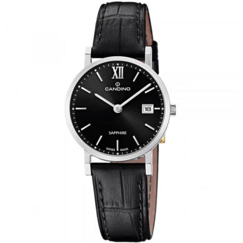 Дамски ръчен часовник с кварцов механизъм - корпус от Стомана - Естествена кожа - цвят Черен Черен