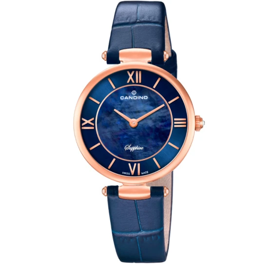 Дамски ръчен часовник с кварцов механизъм - корпус от Стомана - Естествена кожа - цвят Седеф Син